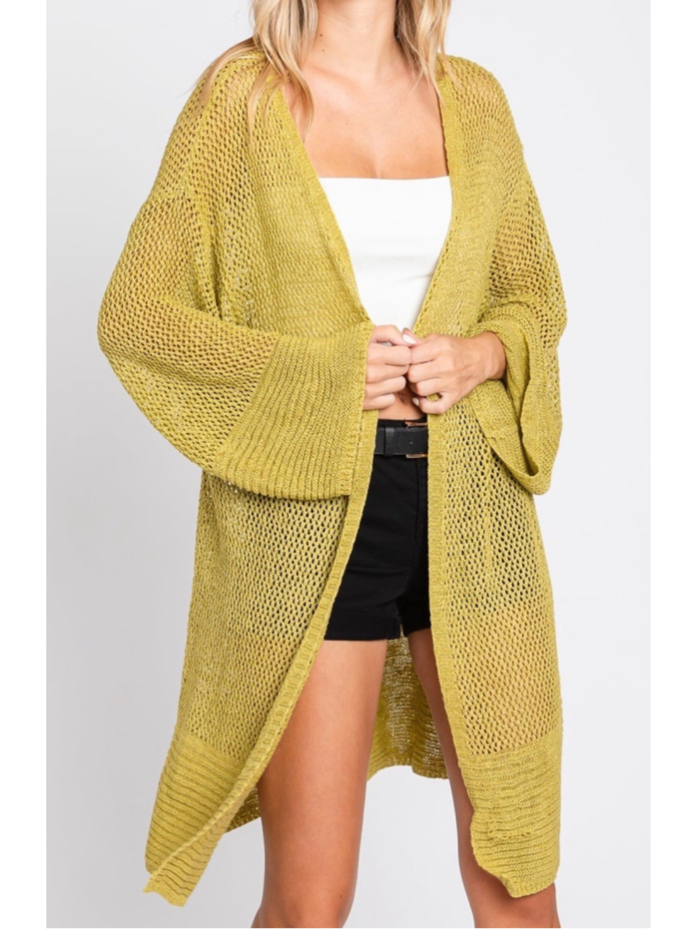 GiGio USA Open Knit Cardigan Chartreuse Green Lightweight Boho Mesh Sweater L